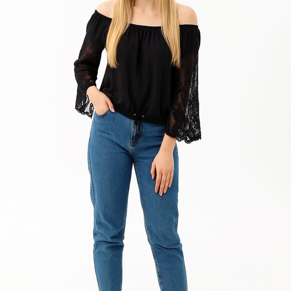 indulge Tops - Black Indulge Lace Sleeve off-shoulder Blouse Sz XL